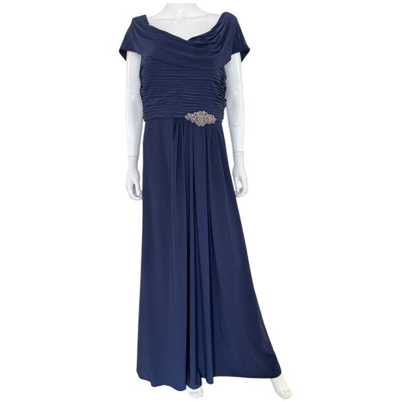 NEW ALEX EVENINGS Navy Cowl Neck Beaded Waist Evening Gown Size 14 - Picture 4 of 8